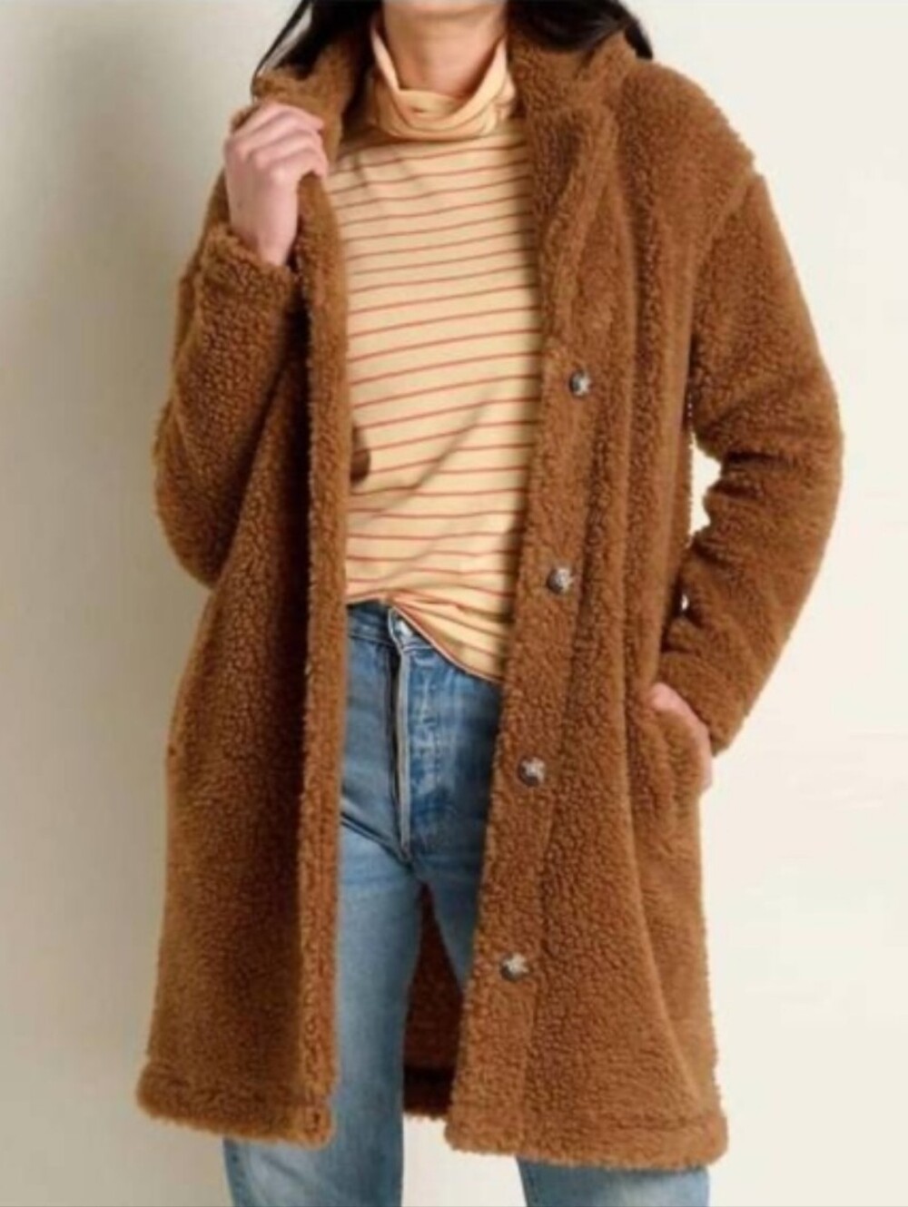 Toad&Co Teddy Sherpa Longline Sespe Crombie Jacket Cardamom Brown